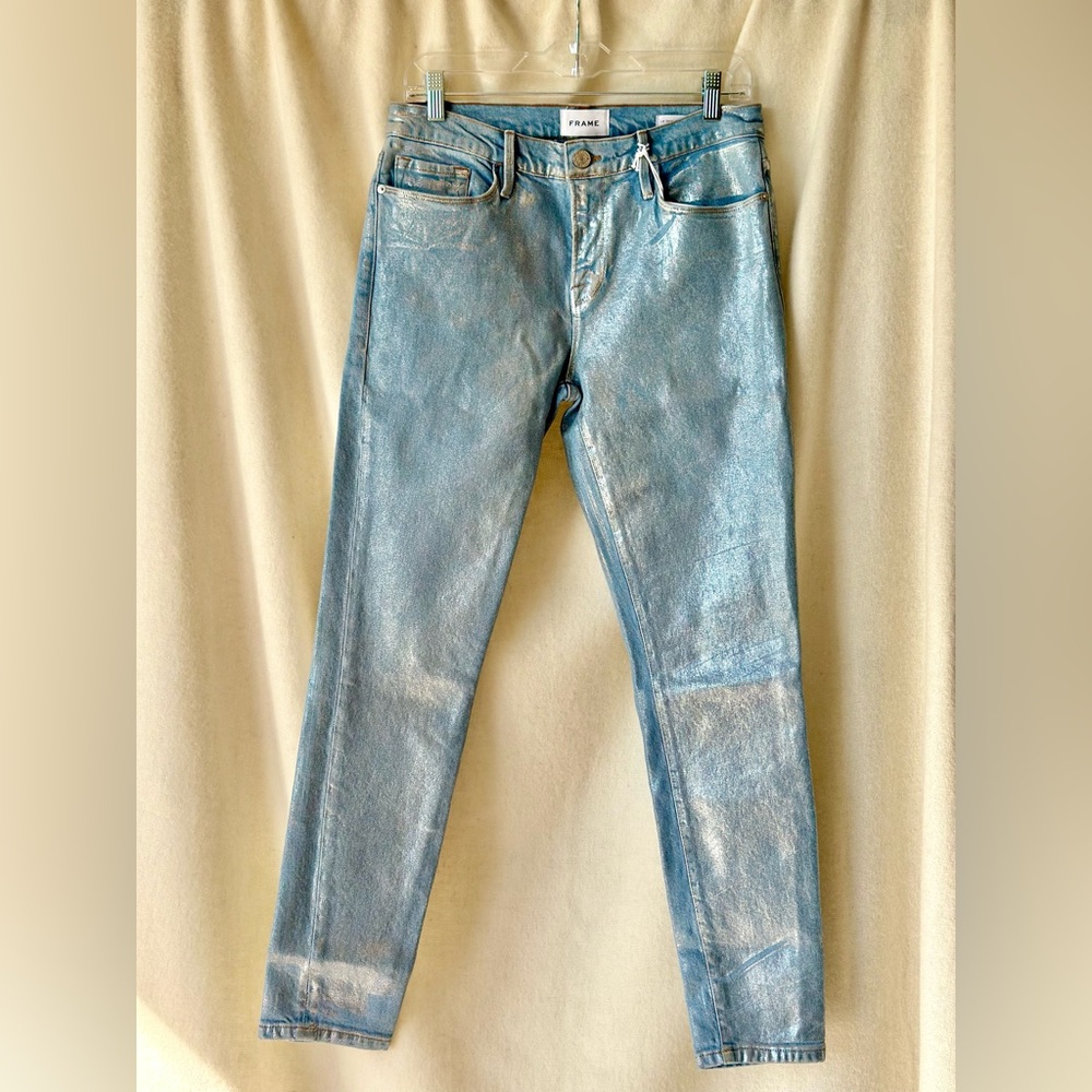 Brand New Frame Le Skinny De Jeanne Jeans Mid-Rise Skinny Fit “Silver” Coated
